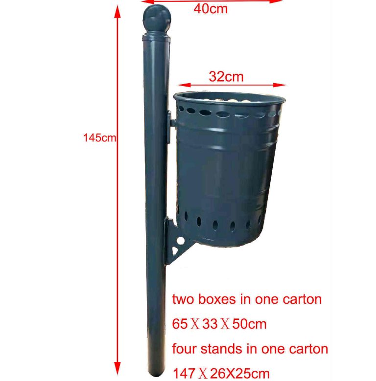 Post‑mounted metal outdoor trash bin with dimension marks and packing info on white background